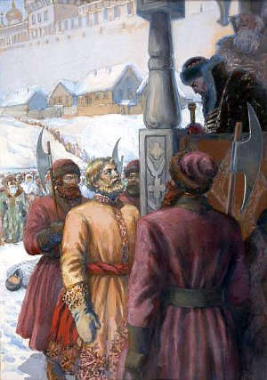 Калашников перед Иваном Грозным. Иллюстрация к поэме М. Ю. Лермонтова «Песня про царя Ивана Васильевича, молодого опричника и удалого купца Калашникова». Художник Плехан Елена Ивановна, 1950