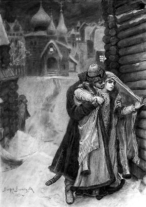 Опричник Кирибеевич и Алёна Дмитревна. Иллюстрация В. М. Васнецова к исторической поэме М. Ю. Лермонтова «Песня про царя Ивана Васильевича, молодого опричника и удалого купца Калашникова»