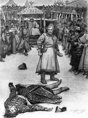Бой Кирибеевича с Калашниковым. Иллюстрация В. М. Васнецова к исторической поэме М. Ю. Лермонтова «Песня про царя Ивана Васильевича, молодого опричника и удалого купца Калашникова»