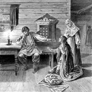 В доме Калашникова. Иллюстрация к поэме М. Ю. Лермонтова «Песня про царя Ивана Васильевича, молодого опричника и удалого купца Калашникова». Художник Коровин Петр Иванович. Конец XIX - начало XX вв.