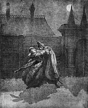 Опричник Кирибеевич и Алена Димитриевна. Иллюстрация к поэме М. Ю. Лермонтова «Песня про царя Ивана Васильевича, молодого опричника и удалого купца Калашникова». Художник В. Шварц, 1862