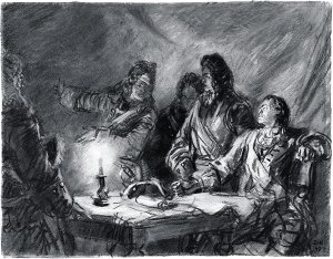 Петр сидел, гневно вытянувшись. Генералы стояли. Иллюстрация Д. А. Шмаринова к роману А. Н. Толстого «Пётр Первый»
