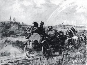 После дождя дорога была угонистая. Летели комья с копыт... Иллюстрация Д. А. Шмаринова к роману А. Н. Толстого «Пётр Первый»
