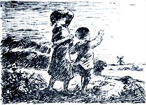 Наташа со своим меньшим братом Антошкой. Иллюстрация И. Кузнецова к рассказу А. Платонова «Июльская гроза»