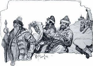 Боярин с гостинцами. Иллюстрация В. Курдюмова к русской народной сказке «По щучьему веленью». 1912 г.
