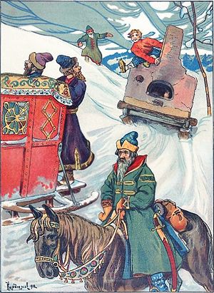 Емеля на печи едет к царю. Иллюстрация В. Курдюмова к русской народной сказке «По щучьему веленью». 1912 г.