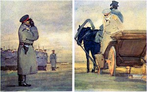 Большая неуклюжая коляска медленно съехала с шоссе на плац и остановилась. Из нее с одной стороны тяжело вылез, наклонив весь кузов набок, полковой командир... Иллюстрация Д. А. Дубинского к повести А. И. Куприна «Поединок»