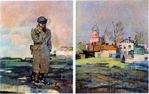 Неожиданно вспомнилась Ромашову недавняя сцена на плацу, грубые крики полкового командира, чувство пережитой обиды, чувство острой и в то же время мальчишеской неловкости перед солдатами. Иллюстрация Д. А. Дубинского к повести А. И. Куприна «Поединок»