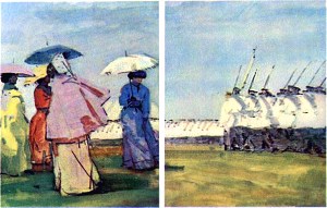 Впереди, шагах в трехстах от строя, яркими разноцветными пятнами пестрели дамские платья, зонтики и шляпки: там стояли полковые дамы, собравшиеся поглядеть на парад. Иллюстрация Д. А. Дубинского к повести А. И. Куприна «Поединок»