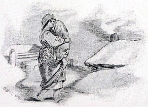Рисунок представляет женщину, несущую больного, дни которого сочтены, но которому не хочется расставаться с жизнью; а между тем эта же здоровая женщина вовсе не бережет себя, идя босиком по снегу. Иллюстрация к поговорке «Больной от могилы бежит, а здоровый в могилу спешит». Художник Виктор Михайлович Васнецов, 1866-68