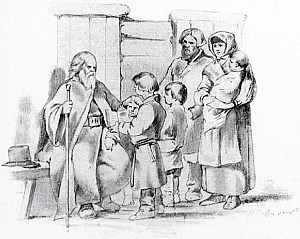 Рисунок изображает хорошего батюшку, который, усевшись на скамью подле одной избы, собрал перед собою целую семью крестьянина. Одного из мальчиков он заставил читать Слово божие и слушает его чтение. Это — истинное служение ближнему на евангельской почве, служение меньшому брату, единому от малых сих. Повесть И. Потапенко «На действительной службе» — лучшее пояснение к этой картине. Иллюстрация к поговорке «Каков поп, таков и приход». Художник Виктор Михайлович Васнецов, 1866-68