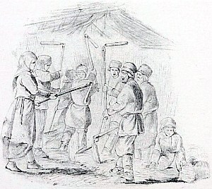 Рисунок представляет молотьбу хлеба, совершаемую всею совокупностью семьи. В ней принимают участие и мужчины, и женщины, и дети, и старики. Иллюстрация к поговорке «Хлеб лучше молотить семьею — и дело с подмогой идет чередою». Художник Виктор Михайлович Васнецов, 1866-68