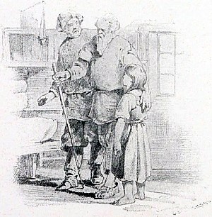Рисунок представляет старого ослепшего отца, ведомого своими детьми. С одной стороны его поддерживает взрослый сын, с другой — идёт младшая дочь, на плечи которой опирается родитель. Иллюстрация к поговорке «Кто родителей почитает, того Бог не забывает». Художник Виктор Михайлович Васнецов, 1866-68