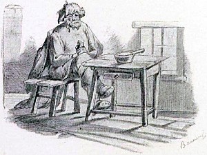 Рисунок представляет ленивого крестьянина. Он — среди жалкой обстановки: обед его очень скуден — хлеб да вода вот и весь состав его обеда. Сам виноват — «что припасешь, то и на стол понесешь». Иллюстрация к поговорке «Лень добра не делает, всегда без соли обедает». Художник Виктор Михайлович Васнецов, 1866-68