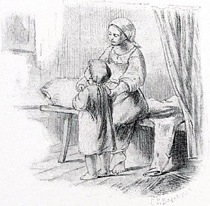 Рисунок представляет мать с ребенком. Мать сидит на широкой лавке, предназначенной для спанья; перед нею стоит ее маленький сынок, которого она учит креститься. Иллюстрация к поговорке «Ложась благословися, а встав перекрестися». Художник Виктор Михайлович Васнецов, 1866-68