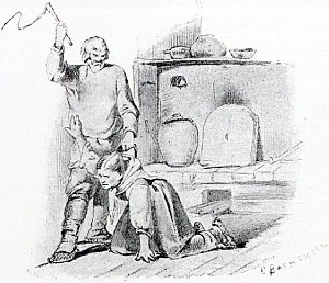 Рисунок вскрывает перед нами неприглядную картину семейной жизни. Очевидно, после какого-то «недоразумения» супруг, остервенившись, ухватил жену за косу и стал, согласно «Домострою», учить ее плетью. Лицо у мужа зверское, а у истязуемой жены — страдальческое. Иллюстрация к поговорке «Лучше вовсе не жениться, чем с женою век браниться». Художник Виктор Михайлович Васнецов, 1866-68