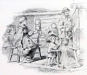 Рисунок представляет чистую, светлую избу, в которой всё глядит запасливо, в которой всё свидетельствует о довольстве. Здесь, очевидно, хозяйство большое. Сколько народу! На заднем плане за столом дети и какая-то женщина: она сидит спиною за ткацким станком. На переднем плане, очевидно, муж с женою и их ребёнок. Жена прядет, а муж вьёт верёвку. Здесь не сидят сложа руки, зато здесь и сытно. Зато дом представляет собою полную чашу. К детям и старику направляется старуха с каким-то сосудом, который она обхватила одною рукою. В другой руке она держит ложку. Иллюстрация к поговорке «Мило тому, у кого много в дому». Художник Виктор Михайлович Васнецов, 1866-68