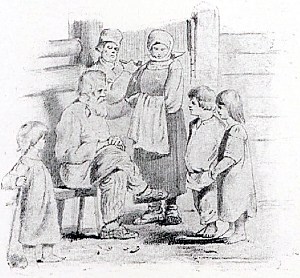 Рисунок изображает сидящего на скамье Пахома. Он не блещет внешними качествами — он невзрачен. Тем не менее его обступили и стар и млад и жадно ему внимают. Его слушатели давно уже оценили его не за красоту лица, а за его ум. Иллюстрация к поговорке «Не хорош лицом, да хорош умом». Художник Виктор Михайлович Васнецов, 1866-68
