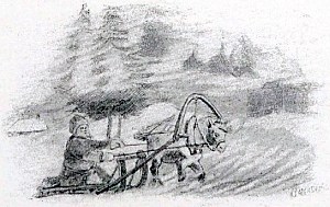 Рисунок представляет бедного крестьянина, едущего зимой, в метель, на дровнях. Лишь крайняя нужда могла заставить его покинуть избу и поехать в лес по дрова в такую шальную погоду. Иллюстрация к поговорке «Нужда да голод прогонят на холод». Художник Виктор Михайлович Васнецов, 1866-68