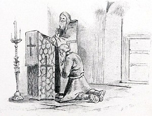 Рисунок представляет исповедывающегося крестьянина, просящего отпущения грехов. Иллюстрация к поговорке «При старости не ищи обогащения, но проси у Бога в грехах прощения». Художник Виктор Михайлович Васнецов, 1866-68