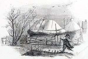 Рисунок представляет наступление осени: деревья голые, на огороде чучело, перелетные птицы летят на юг, стоят скирды — «гостинцы для овина». Иллюстрация к поговорке «Приехала осень на пегом к Савину с опросом, готовы ль гостинцы к овину». Художник Виктор Михайлович Васнецов, 1866-68