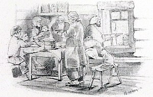 Рисунок представляет хату, в которой крестьянская семья сидит за обедом. Хозяин подает кусок хлеба подошедшему к окну нищему, руководствуясь соображением: «В окно подать — Богу подать». Рука дающего не оскудевает: дом хозяина — полная чаша. Иллюстрация к поговорке «Приготовь домашним пищу, а потом давай ты нищу». Художник Виктор Михайлович Васнецов, 1866-68