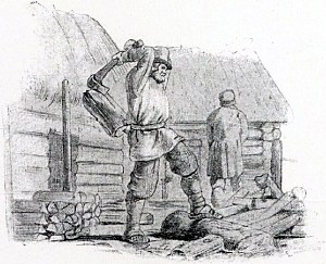 Рисунок представляет наемного работника, усердно рубящего дрова. Виден удаляющийся от него хозяин, приходивший присмотреть за работой. Иллюстрация к поговорке «Рядись — не торопись, а работай — не ленись». Художник Виктор Михайлович Васнецов, 1866-68