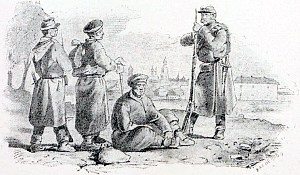 Рисунок изображает двух закованных арестантов, конвоируемых двумя солдатами. Солдатские тесаки, кэпи, и, вообще, вся амуниция свидетельствуют об отдаленном времени написания этой картины. Иллюстрация к поговорке «Вор ворует не для прибыли, а для своей погибели». Художник Виктор Михайлович Васнецов, 1866-68