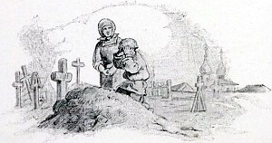 Рисунок представляет погост. На переднем плане свеженасыпанная могила, у которой стоят осиротевшие дети. Мальчик, взявшись за голову, плачет—убивается; но поговорка может его утешить. Иллюстрация к поговорке «За бедным в мире сиротою сам Бог ходит с калитою». Художник Виктор Михайлович Васнецов, 1866-68