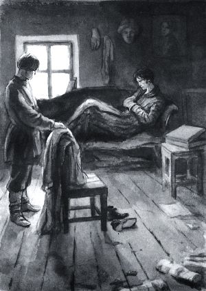 — Пусть их приходят, — сказал с грустным равнодушием Чартков. И ненастное расположение духа овладело им вполне. Иллюстрация Кукрыниксов к повести повести Н. В. Гоголя «Портрет»