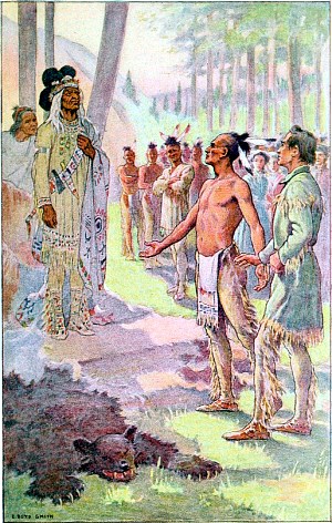 — На каком языке говорит пленник с Маниту? — спросил патриарх, не открывая глаз. Иллюстрация к роману Джеймса Фенимора Купера «Последний из могикан». Художник Элмер Бойд Смит, 1910
