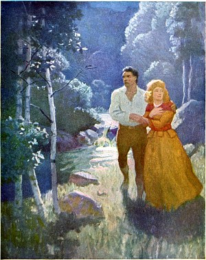 Хейворд и Алиса, печальные, несмотря на счастье свидания, некоторое время смотрели ему вслед, потом пошли к отдаленному селению делаваров. Иллюстрация к роману Джеймса Фенимора Купера «Последний из могикан». Художник Ньюэлл Конверс Уайет, 1919
