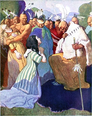 Кора стояла на коленях; прижав руки к груди, она оставалась в этом положении и с благоговением смотрела на поблекшие, но все еще величественные черты патриарха. Иллюстрация к роману Джеймса Фенимора Купера «Последний из могикан». Художник Ньюэлл Конверс Уайет, 1919
