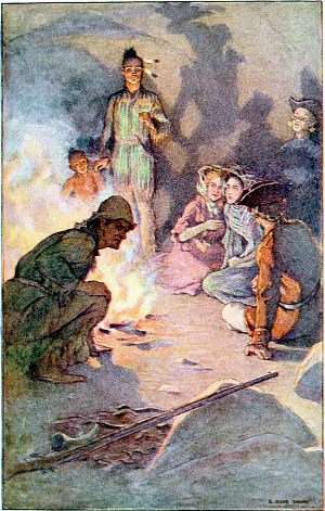 — Что это? — прошептала Алиса, очнувшись от столбняка. Иллюстрация к роману Джеймса Фенимора Купера «Последний из могикан». Художник Элмер Бойд Смит, 1910