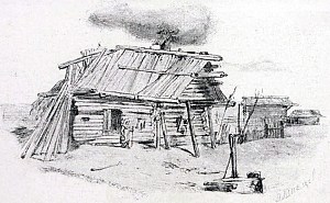 Рисунок представляет избу, очевидно, принадлежащую людям такого сорта, которые полагаются на авось да небось. Пока хозяева рассчитывали, что изба простоит без ремонта, разрушение шло своим чередом. Вместо решительных мер принимались временные, вносились поправки в виде подпирания столбиками, но такая система имеет свои пределы. Изба представляется глазам зрителя в крайней степени разрушения. Она зияет дырьями, словно живыми ранами. Вся она держится на передней подпорке: если ее выдернуть, изба развалится. Иллюстрация к пословице «Авось да небось такая подмога — хоть брось». Художник Виктор Михайлович Васнецов, 1866-68