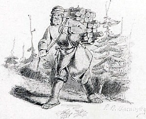 Рисунок представляет крестьянина, взвалившего себе на плечи едва ли не слишком большую вязанку дров. Иллюстрация к пословице «Бери всегда ношу по себе, чтоб не кряхтеть на ходьбе». Художник Виктор Михайлович Васнецов, 1866-68
