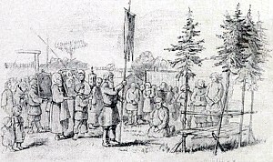 Крестьяне, затеяв какое-то дело, решили, как водится, прежде всего молиться; для этого они соорудили особый помост, украсив его елками, и принесли местночтимую икону. Иллюстрация к пословице «Без Бога ни дo порога». Художник Виктор Михайлович Васнецов, 1866-68