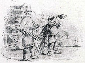 Рисунок представляет отца с сыном, несущих лыко. Мальчик перегружен. Его ноша, очевидно, не легче отцовой; но он безропотно исполняет отцовское приказание. Иллюстрация к пословице «Благовоспитанному сыну отцов приказ не ломит спину». Художник Виктор Михайлович Васнецов, 1866-68