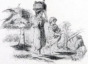 На рисунке представлены возвращающиеся домой крестьянские дети — девочка с лукошком на голове, доверху наполненным грибами; лукошко не могло вместить всего количества набранных грибов, поэтому мальчик несет еще часть грибов в подоле своей рубашки. Иллюстрация к пословице «Кто пораньше встает, тот грибки себе берет...». Художник Виктор Михайлович Васнецов, 1866-68