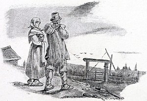 Рисунок представляет крестьянина с крестьянкою, которые, действуя как раз вопреки пословице, позабыв о своей работе и цели своего пути, остановились и любуются на чужое поле ржи. Иллюстрация к пословице «На чужой каравай рта не разевай, а пораньше вставай, да свой затевай». Художник Виктор Михайлович Васнецов, 1866-68