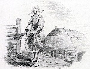 Рисунок представляет крестьянку, поступающую как раз вопреки пословице: она собирается ссыпать к чужому забору сор, который намела в своей избе. Иллюстрация к пословице «Не носи из домашней избы сору к чужому забору: в сору находится много вздору». Художник Виктор Михайлович Васнецов, 1866-68