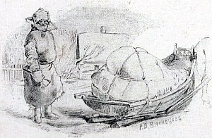 Рисунок представляет крестьянина, идущего с обозом в овчинном тулупе. Пусть его тулуп и некрасив, но он тепел — крестьянин им вполне удовлетворен. Иллюстрация к пословице «Не ради красоты, а ради теплоты овчину шубу носим и лучшей уж не просим». Художник Виктор Михайлович Васнецов, 1866-68