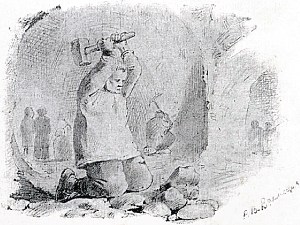 Рисунок представляет каменоломню. Вдали человеческие фигуры, отбивающие глыбы камня. На переднем плане — стоящий на коленях человек, разбивающий наваленные перед ним камни. Занесенный над головою тяжелый молот указывает, что работа эта не из легких. Иллюстрация к пословице «Не умел шить золотом, так умей бить молотом». Художник Виктор Михайлович Васнецов, 1866-68