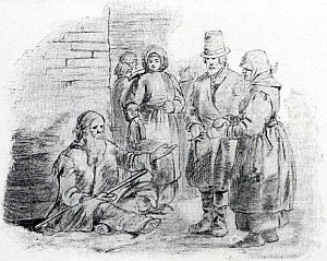 На перекрестке, на углу какого-то каменного здания, где снует много народу, сидит нищий с чашкою и протянутою рукою. Ему подают прохожие. Собирается подать свою лепту и крестьянин — он уже запустил свою руку в развязанную мошну. Один даст копеечку, другой — глядишь, денег и наберется на кусок хлеба бедному человеку. Иллюстрация к пословице «С миру по нитке — бедному одежка». Художник Виктор Михайлович Васнецов, 1866-68
