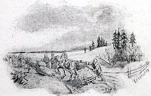Рисунок представляет обоз. Крестьянин, сопровождающий последний воз, поддерживает его на ухабе. Поторопись он, не обрати внимание на ухаб — воз бы перевернуло и пришлось бы долго стоять на месте. Иллюстрация к пословице «Тише едешь, дальше будешь». Художник Виктор Михайлович Васнецов, 1866-68