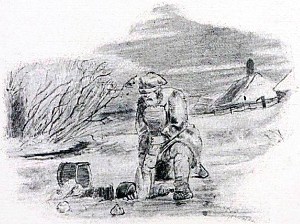 Рисунок изображает бедного крестьянина, вытаскивающего из проруби каким-то образом ввалившегося туда человека. Иллюстрация к поговорке «У бедного шуба овечья, а душа человечья». Художник Виктор Михайлович Васнецов, 1866-68