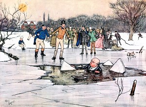 Лицо, голова и плечи вынырнули из воды, и обнаружились черты лица и очки мистера Пиквика. Иллюстрация к роману Чарльза Диккенса «Посмертные записки Пиквикского клуба». Художник Сесил Олдин, 1910-1911 гг.