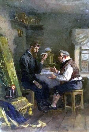 Чаепитие. Иллюстрация к повести А. С. Пушкина «Гробовщик». Художник Ванециан Арам Врамович (Врамшапу), 1947-49