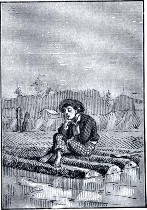 Плот на реке манил Тома, он уселся на самом краю и смотрел на угрюмую пустыню вод... Иллюстрация 1876 г. к 1-му изданию повести Марка Твена «Приключения Тома Сойера»