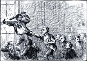 Зал суда. Иллюстрация 1876 г. к 1-му изданию повести Марка Твена «Приключения Тома Сойера»
